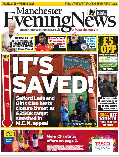 'IT'S SAVED': Our front page this morning on a momentous day for Salford Lads Club. The 121-year-old lifeline for young people from deprived communities needed to raise £250,000 by the end November or would shut. FULL STORY: manchestereveningnews.co.uk/news/greater-m…