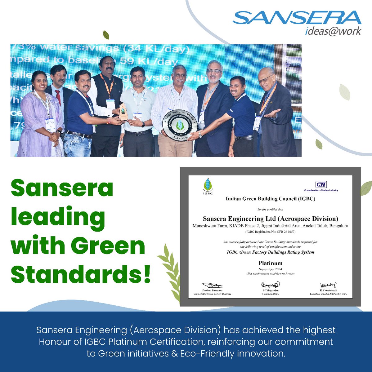 SanseraPvt's tweet image. Sansera Engineering’s Aerospace Division has achieved the IGBC Platinum Certification!  A proud step towards sustainable innovation, energy-efficient tech, and eco-friendly practices for a greener future. #SanseraEngineering #IGBCPlatinum #GreenInitiatives #Sustainability
