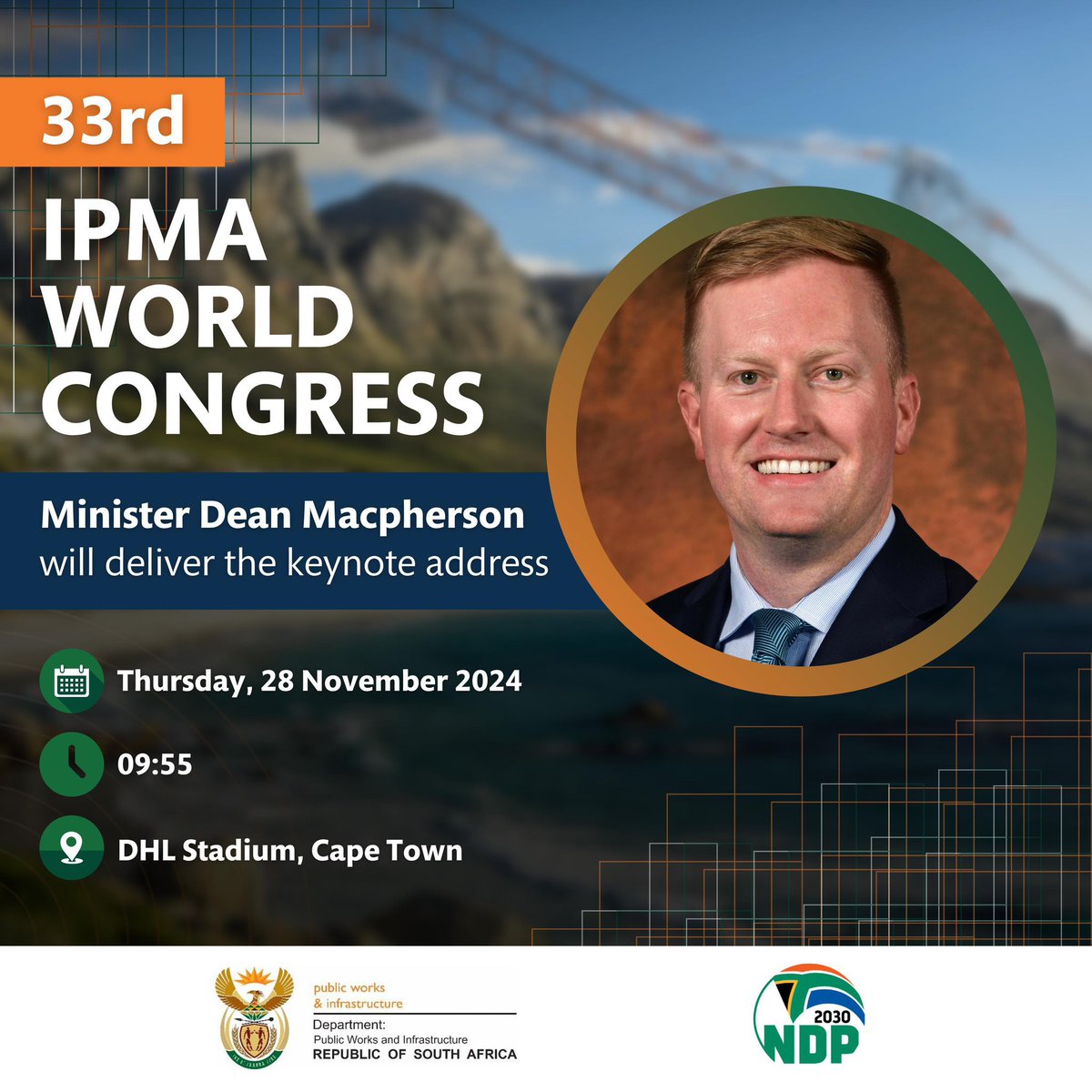 DepartmentPWI's tweet photo. In an effort to attract more infrastructure investment to South Africa, which will boost our economy and create jobs.
This morning, the Minister @DeanMacpherson will address the 33rd IPMA World Congress, which will be held at Cape Town's DHL Stadium.
#letsbuidSA https://t.co/SpqL1TnnNj