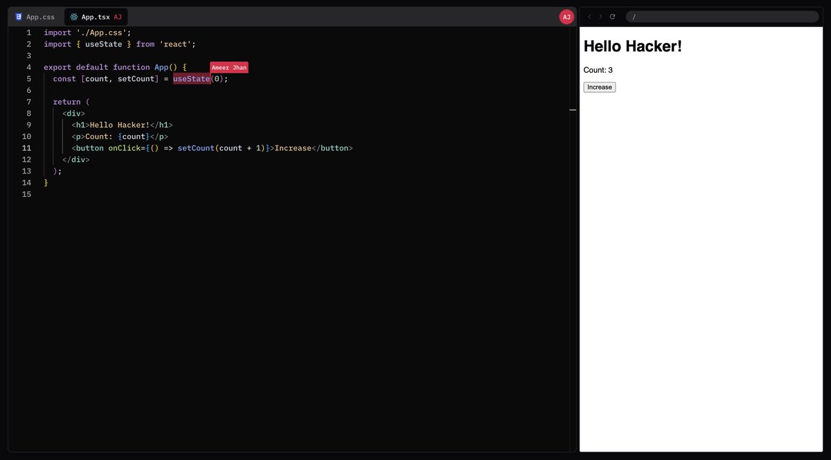 ameerthehacker's tweet image. I have been taking interviews lately and it was so tough to find a online IDE which had
1. Collaboration
2. Free
3. No login
4. Reliable
So built one of my own 🎉
blazecode.vercel.app