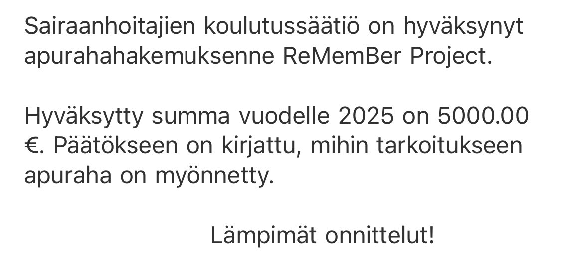 Tuhannet kiitokset tutkimusapurahasta Sairaanhoitajien koulutussäätiö <a href="/SoljeEino/">Eino Solje</a> Alina Salomon Arja Halkoaho <a href="/UEF_BRU/">UEF Brain Research Unit</a> #SHKS