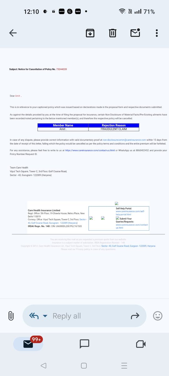 ch_karan_7's tweet photo. I have been using @careinsuranceIN policy for a long time, but meanwhile one of my claims was rejected citing fake documents, while the company could not even prove it and today when I renewed the policy, it was also rejected. given Now I am going to consumer court @consaff https://t.co/BJRXSLMsYp