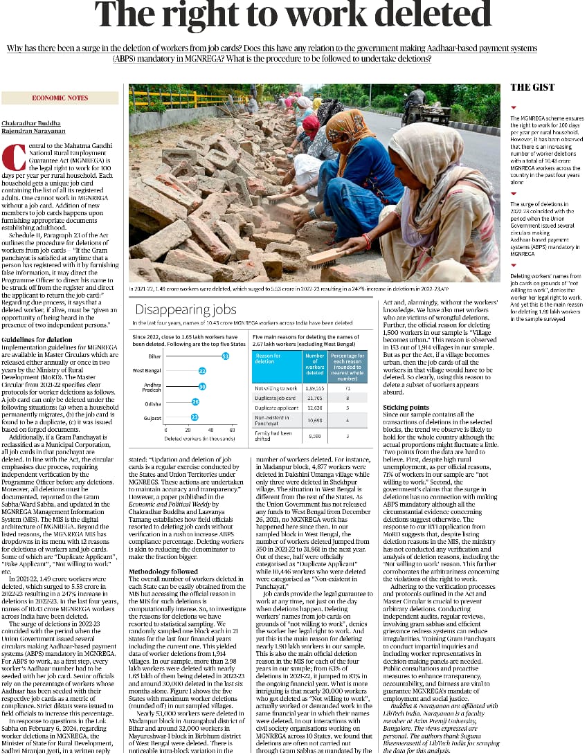 Right to work deleted: We sampled NREGA worker deletions from 1914 villages from 21 states. Barring Bengal, official reason for deleting 71% of the workers is 'unwilling to work' - 10% of them either worked/demanded work that year. In today's Hindu with <a href="/samalochana/">Chakri</a> <a href="/LibtechIndia/">LibTech India</a>