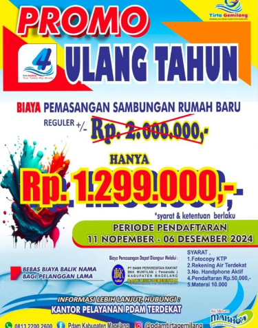 Dalam perayaan HUT Perumda Air Minum Tirta Gemilang mimin mau reminder lagi nih ada diskon untuk pemasangan SR Baru &amp; gratis biaya untuk sobat gemilang semua jangan samapi ketinggalan yaaa