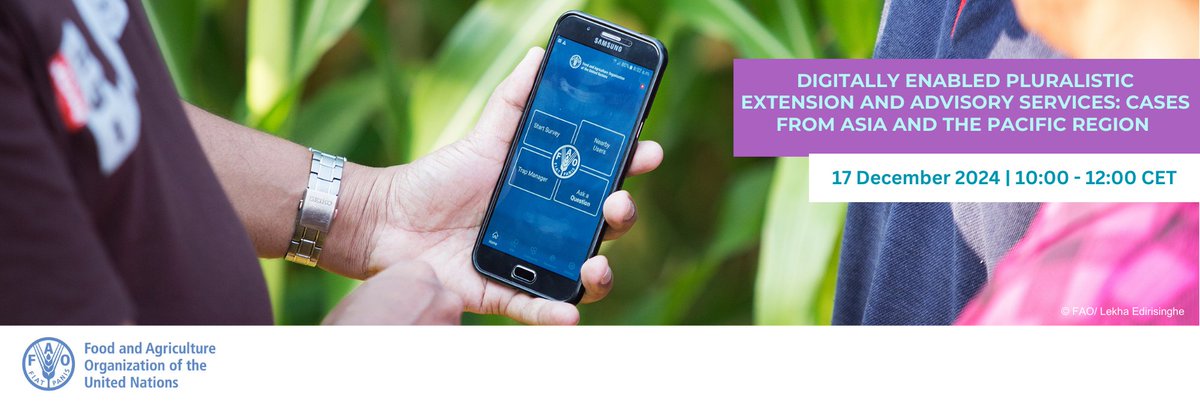 Asia-Pacific Islands Rural Advisory Services (@apirasnetwork) on Twitter photo 📢 Webinar Alert
Digitally Enabled Pluralistic Extension and Advisory Services: Cases from Asia and the Pacific Region
đź“… Date: Tuesday, 17 December 2024
⏰ Time: 10:00 - 12:00 CET
📌 Platform: Zoom
🔗Register here : fao.zoom.us/webinar/regist…
<a href="/AESA_Network/">Agricultural Extension in South Asia (AESA)</a> <a href="/FAO/">Food and Agriculture Organization</a> 📢 Webinar Alert
Digitally Enabled Pluralistic Extension and Advisory Services: Cases from Asia and the Pacific Region
đź“… Date: Tuesday, 17 December 2024
⏰ Time: 10:00 - 12:00 CET
📌 Platform: Zoom
🔗Register here : fao.zoom.us/webinar/regist…
<a href="/AESA_Network/">Agricultural Extension in South Asia (AESA)</a> <a href="/FAO/">Food and Agriculture Organization</a>
