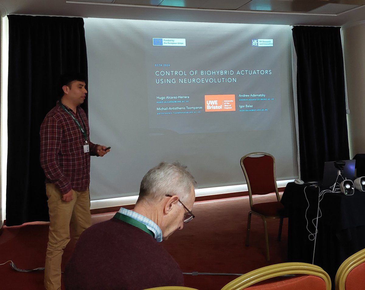 bio_meld's tweet photo. 📢 Last week at #ECTA2024 🇵🇹 Hugo Alcaraz (@UWEBristol)  presented "Control of Biohybrid Actuators Using Neuroevolution" and how neuroevolution-based controllers outperform others in robustness &amp; performance, paving the way for future medical devices like drug-delivery catheters. https://t.co/2EmVpSGN9O