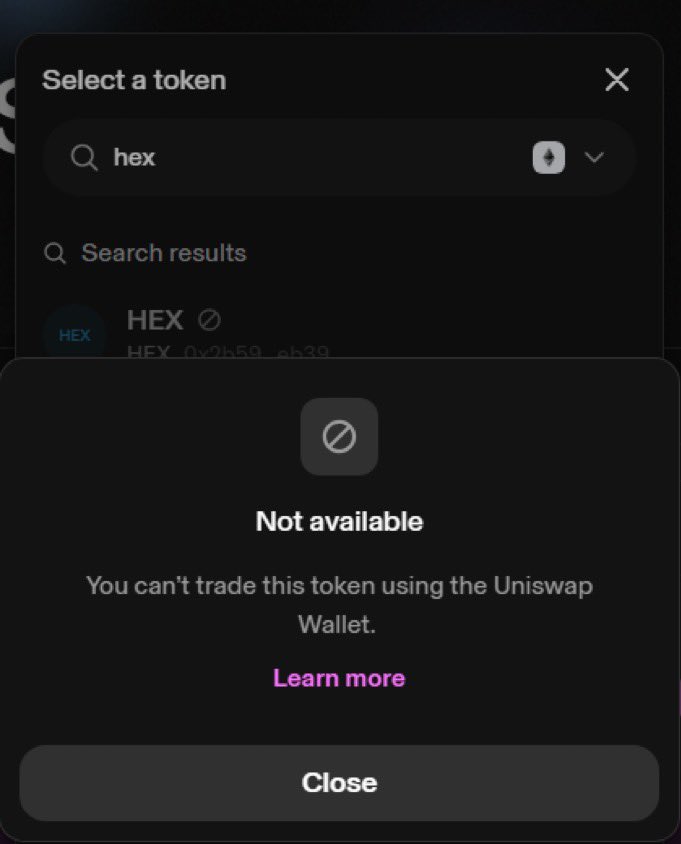YO <a href="/Uniswap/">Uniswap Labs 🦄</a> <a href="/haydenzadams/">Hayden Adams 🦄</a> when will you be removing the manual block on $HEX from your DEX?

Stopping HEX being traded on your UI is anti DeFi.

Gate-keeping won’t hold us back.