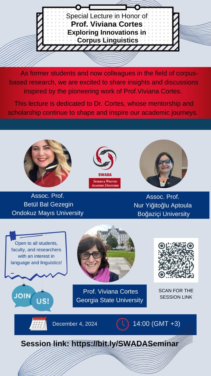 AptoulaNur's tweet photo. 🎉 Join Us for a Special Lecture Honoring Prof. Viviana Cortes! 🎉
📅 Date: December 4, 2024
⏰ Time: 14:00 (GMT+3)
💻 Location: Online 

#CorpusBasedResearch #VivianaCortes #SWADA 
@betulbalgezegin https://t.co/kRmA85xn3I