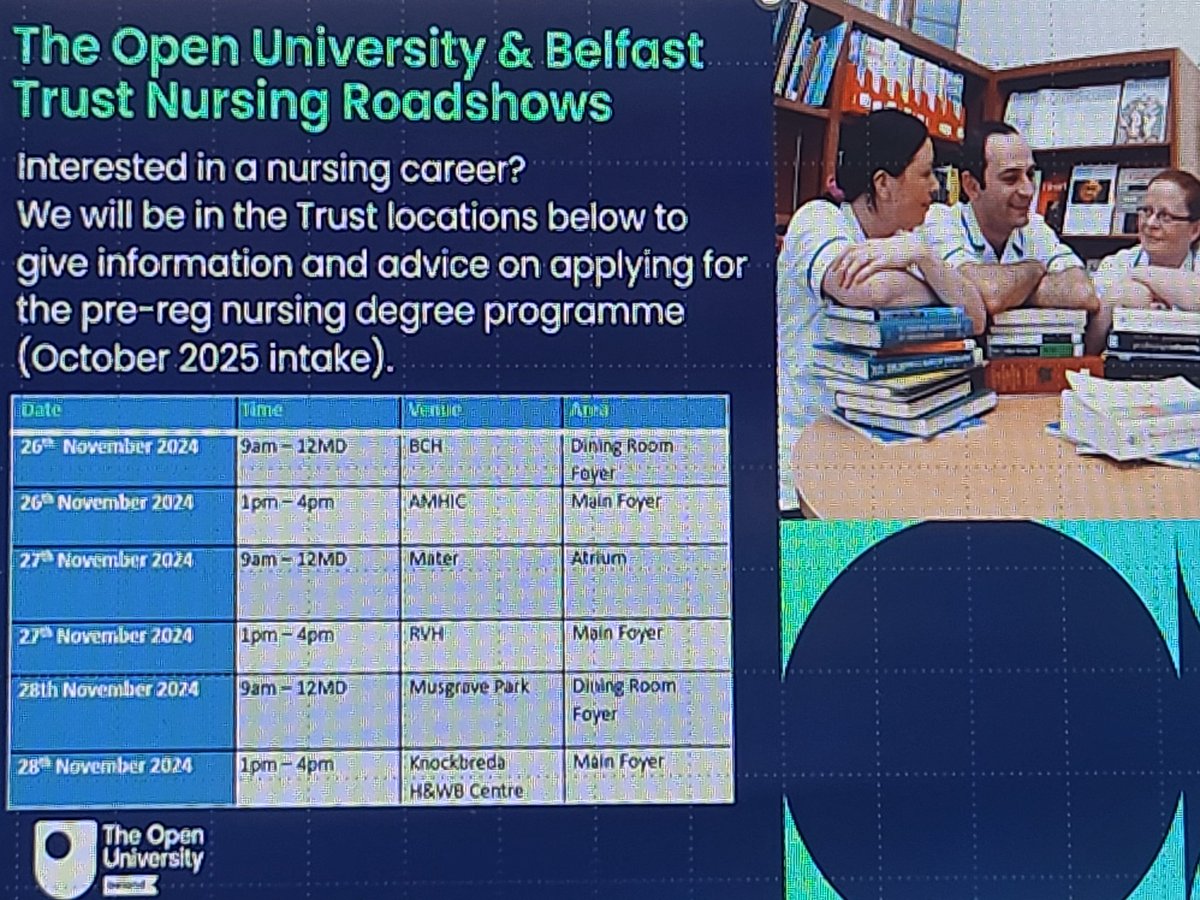 Dr Una St Ledger (@unaledger) on Twitter photo Final Day of the OU Pre-Registration Nursing Degree Programme Roadshows in <a href="/BelfastTrust/">Belfast Trust</a> Come on over & Chat to <a href="/UnaLedger/">Dr Una St Ledger</a> <a href="/Meghugh49521502/">Meg hughes</a> <a href="/hcrawford2uk/">Helen Gadd</a> <a href="/1SteveMcK/">Steve McKenna</a> in Musgrave Park Dining Room (AM) & Knockbreda Health & Wellbeing Centre Foyer (PM). Fulfil your Nursing dream 🤗 Final Day of the OU Pre-Registration Nursing Degree Programme Roadshows in <a href="/BelfastTrust/">Belfast Trust</a> Come on over & Chat to <a href="/UnaLedger/">Dr Una St Ledger</a> <a href="/Meghugh49521502/">Meg hughes</a> <a href="/hcrawford2uk/">Helen Gadd</a> <a href="/1SteveMcK/">Steve McKenna</a> in Musgrave Park Dining Room (AM) & Knockbreda Health & Wellbeing Centre Foyer (PM). Fulfil your Nursing dream 🤗