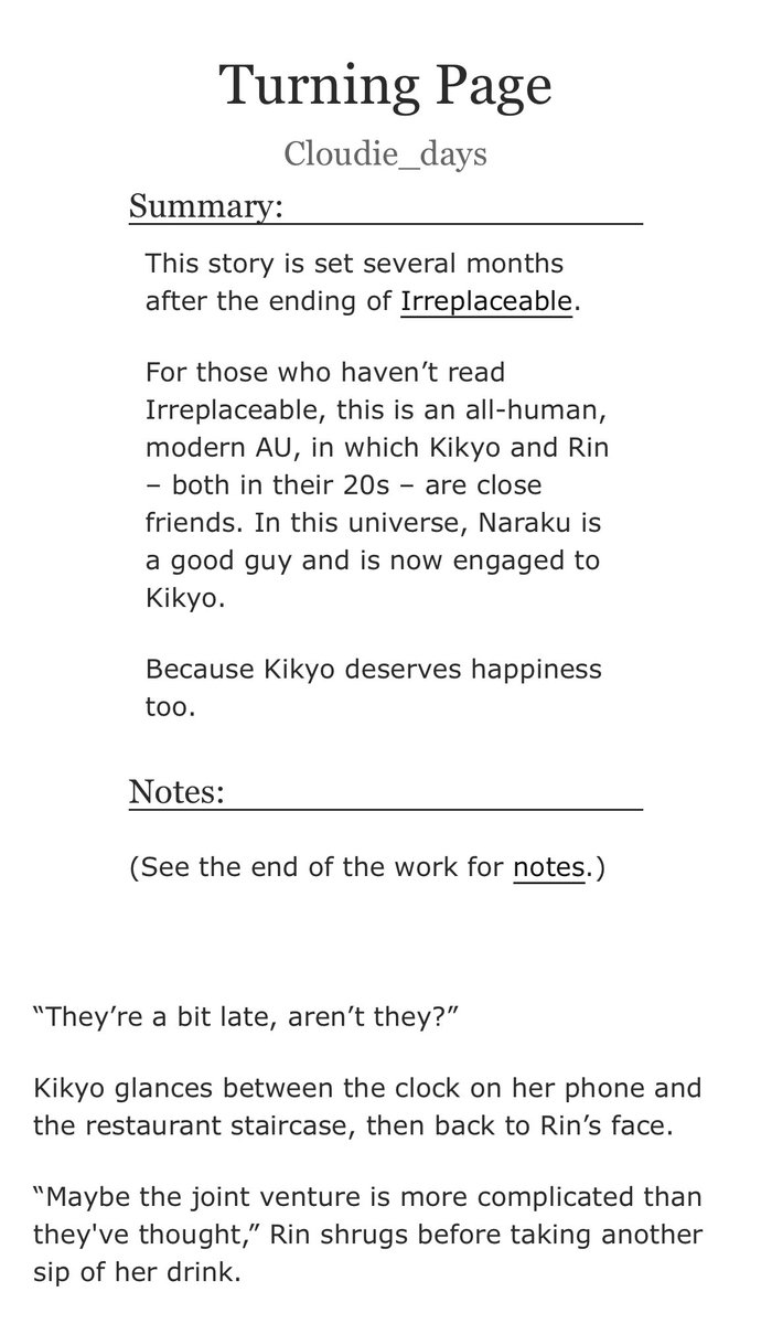 On this last day of #RinWeek2024, I’d like to show how Rin’s light and warmth can touch another person’s life, helping them find their own peace and happiness.

This is a #NarKik and #SessRin story 💕

archiveofourown.org/works/60905167

Hope you will enjoy it!