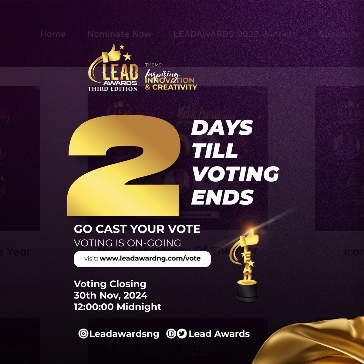 Leadawardng's tweet photo. Two (2) days more till voting ends! Have you voted for your favorite nominee yet?

Visit https://t.co/vhvpTJr2rT to cast your vote now.

#LEADAwards #Vote #Leadership #Excellence #Dignity #OndoAwards #AkureEvent https://t.co/9DURgRoXbe