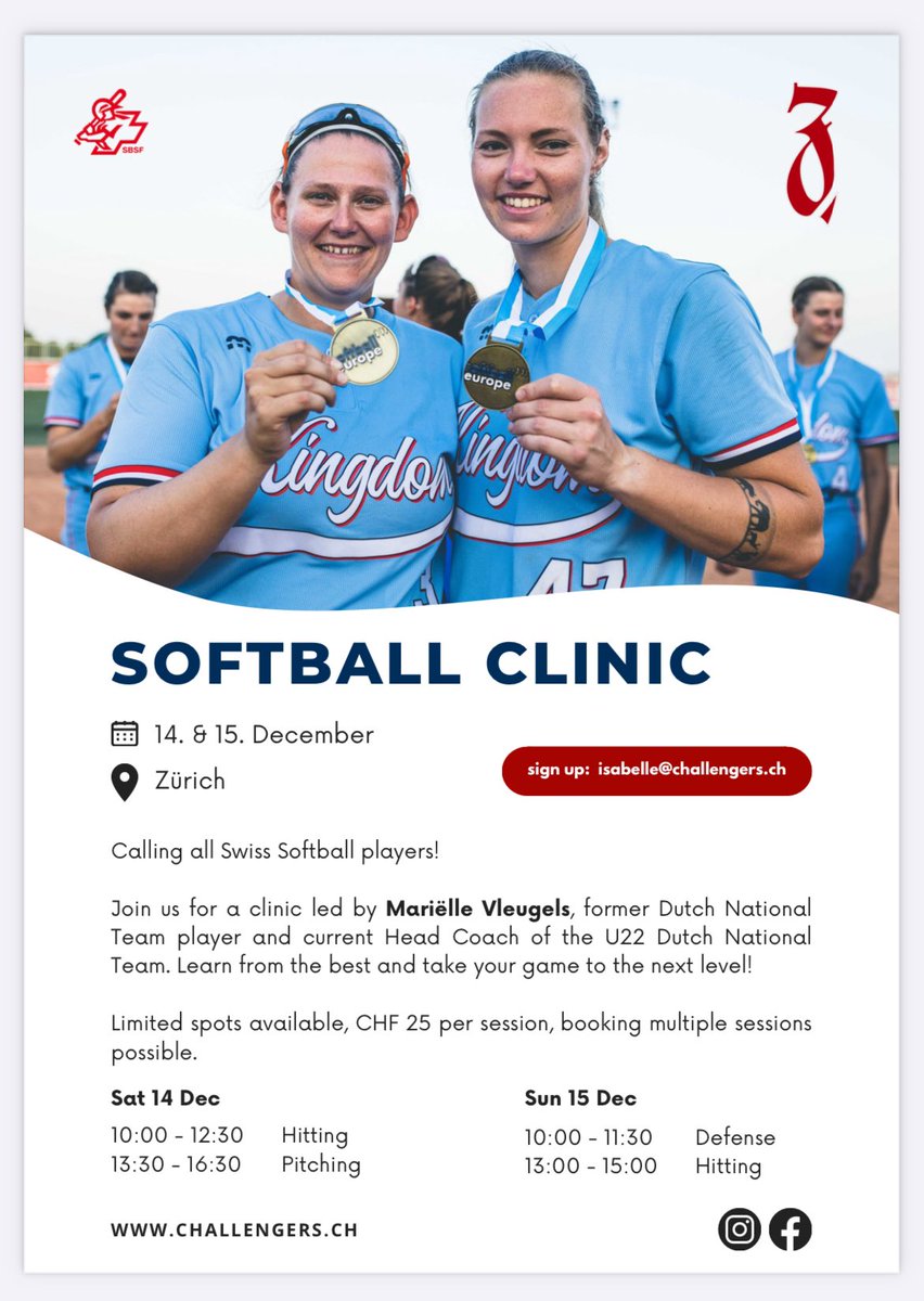 sbsf's tweet image. Calling all Swiss Softball players!

Join us, Zürich Challengers, for a clinic led by Mariëlle Vleugels, former 🇳🇱 National Team player ! Learn from the best and take your game to the next level

Sign up now via isabelle@challengers.ch

challengers.ch @cbcz