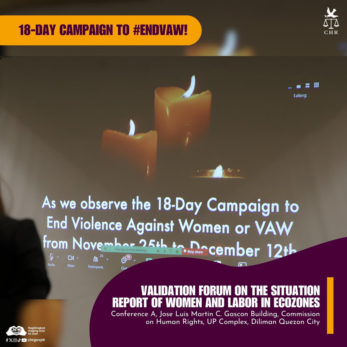 CHRgewhrc's tweet photo. Reposted from @chrgovph 

The Commission on Human Rights headed by the Center for Gender Equality and Women’s Human Rights conducted a Validation Forum in relation to the Situation Report on Women and Labor in EcoZones today Tuesday, 26 November 2024.

#EndVAWC #CHRngLahat https://t.co/Nr2MIWlEIs