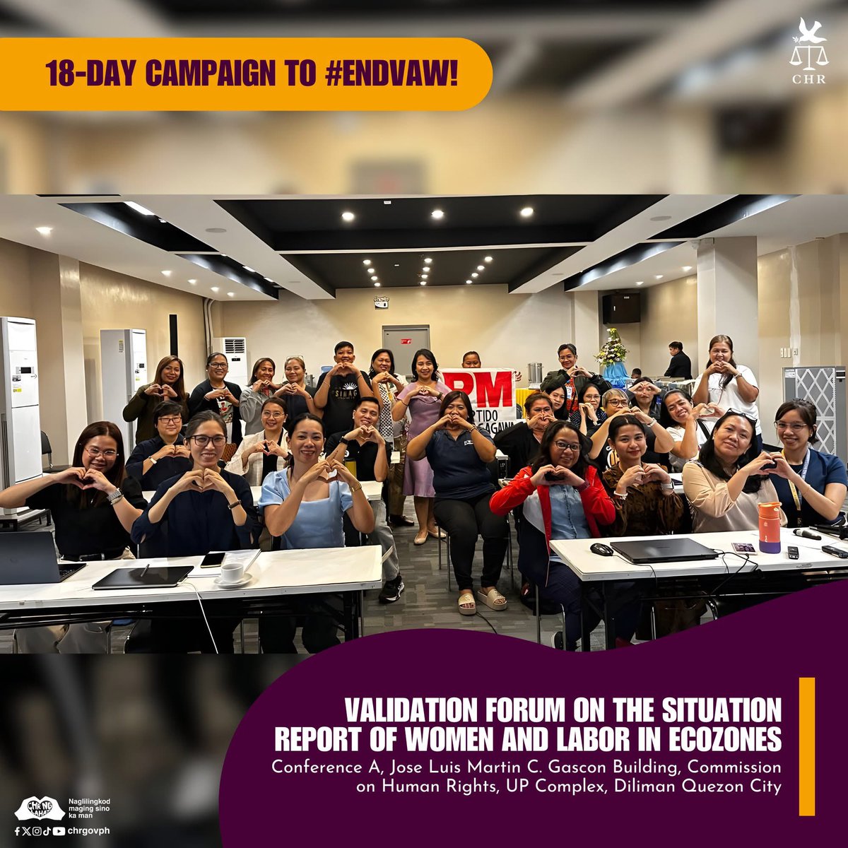 CHRgewhrc's tweet photo. Reposted from @chrgovph 

The Commission on Human Rights headed by the Center for Gender Equality and Women’s Human Rights conducted a Validation Forum in relation to the Situation Report on Women and Labor in EcoZones today Tuesday, 26 November 2024.

#EndVAWC #CHRngLahat https://t.co/Nr2MIWlEIs