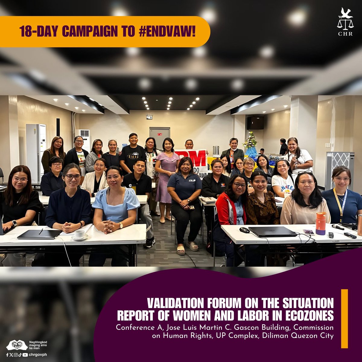 CHRgewhrc's tweet photo. Reposted from @chrgovph 

The Commission on Human Rights headed by the Center for Gender Equality and Women’s Human Rights conducted a Validation Forum in relation to the Situation Report on Women and Labor in EcoZones today Tuesday, 26 November 2024.

#EndVAWC #CHRngLahat https://t.co/Nr2MIWlEIs