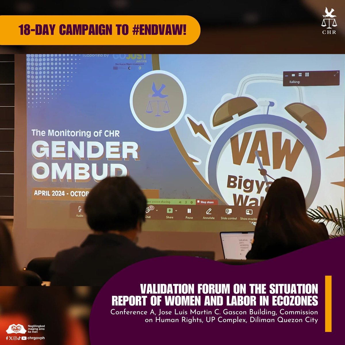 CHRgewhrc's tweet photo. Reposted from @chrgovph 

The Commission on Human Rights headed by the Center for Gender Equality and Women’s Human Rights conducted a Validation Forum in relation to the Situation Report on Women and Labor in EcoZones today Tuesday, 26 November 2024.

#EndVAWC #CHRngLahat https://t.co/Nr2MIWlEIs