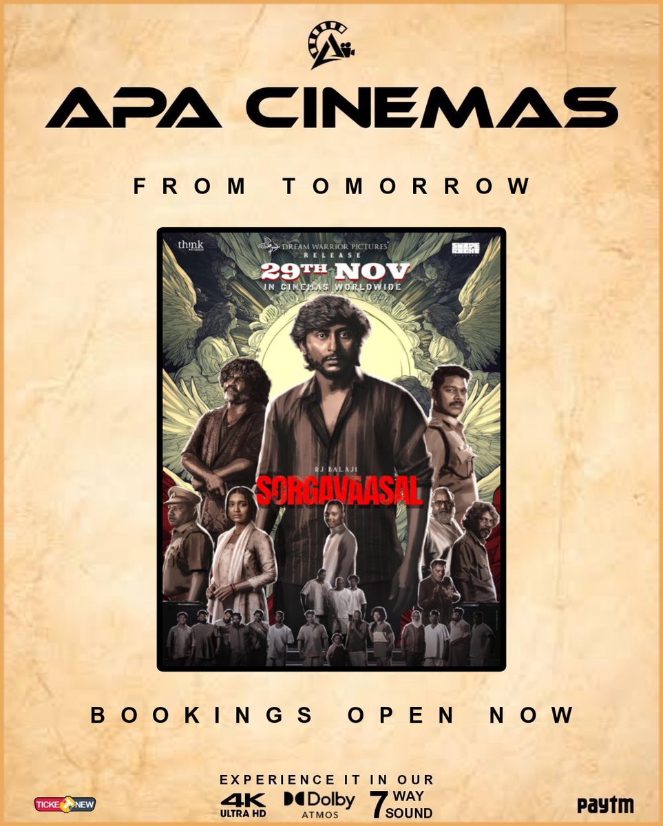 APA_Cinemas_KKD's tweet photo. #Sorgavaasal from tomorrow at your #APACinemas #DolbyAtmos #7waysound
@RJ_Balaji @selvaraghavan @DreamWarriorpic @siddhu_viva https://t.co/GIEitP2ceF
