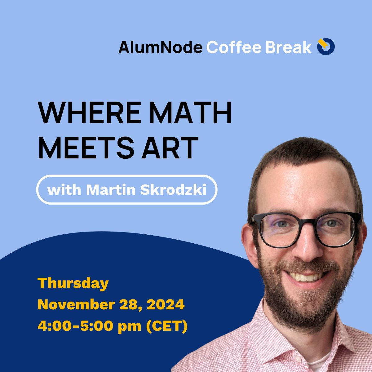 Don't miss today's AlumNode coffee break!
Martin Skrodzki will explore some mathematical art projects and discuss an emerging community of mathematical illustrators.
🗓️ Today, Nov. 28
⏰ 4:00 - 5:00 PM (CET)