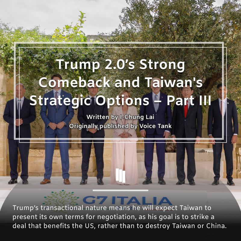 KetagalanMedia's tweet photo. Trump’s return increases pressures on Taiwan’s defense and trade policies. Can Taiwan turn this into an opportunity for stronger alliances? #Trump2024 #TaiwanStrategy

Read full article 👇
https://t.co/Px6YFKGL9i https://t.co/jVBPl9Lz6v