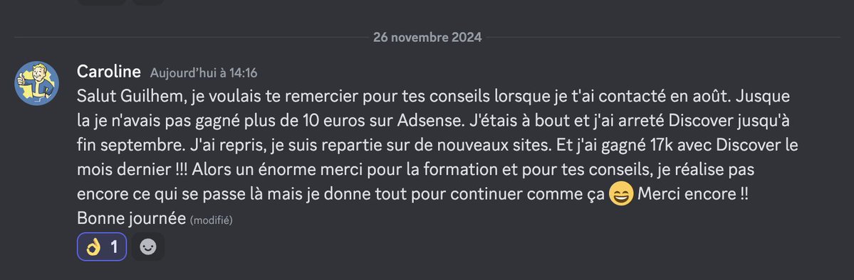 Quand 10€ / mois sur AdSense te poussent à tout arrêter… puis à tout recommencer à tête reposée, pour finir à 17 000 € / mois #Google #Discover !
Une belle leçon sur l’importance de persévérer (sur Discover ou ailleurs). Bravo à Caroline ! 👏
