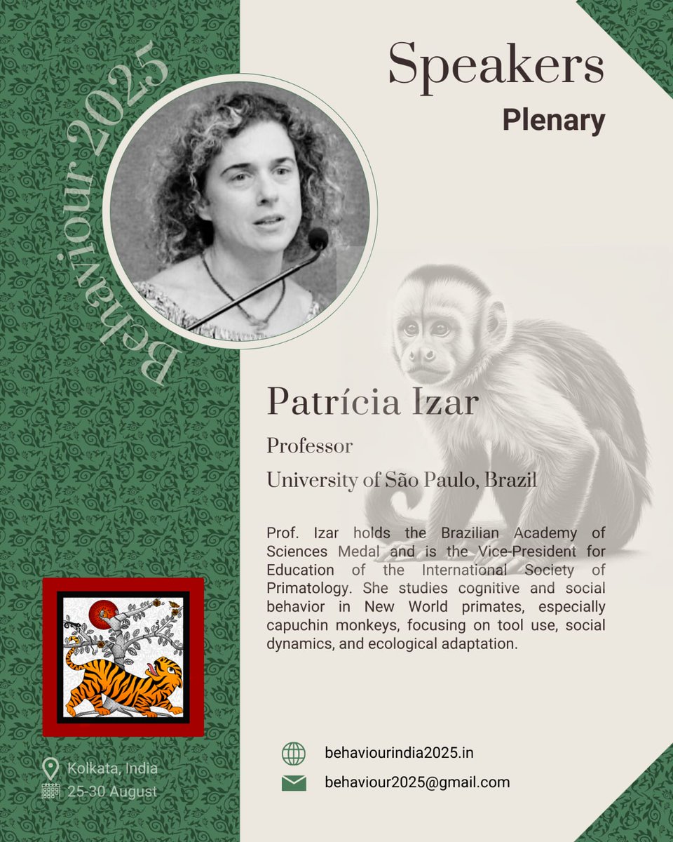 Behaviour2025's tweet image. Introducing #behaviour2025 plenary speaker: Prof. Patrícia Izar. She works on New World primates, especially the capuchin monkeys.

ip.usp.br/site/patricia-…

#AnimalBehavior
#ScienceConference
#ECRChat#CollaborationInScience#GlobalScience
#Conference  #Announcement