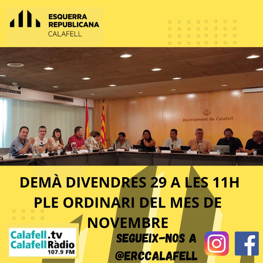erccalafell's tweet photo. Demà Divendres 29 a les 11h tindrà lloc el ple ordinari del mes de Novembre .       
                                                                                                                    ✔️ Es celebrarà a la sala de plens, a les dependències municipals de la Platja. https://t.co/EefXCtQyGN