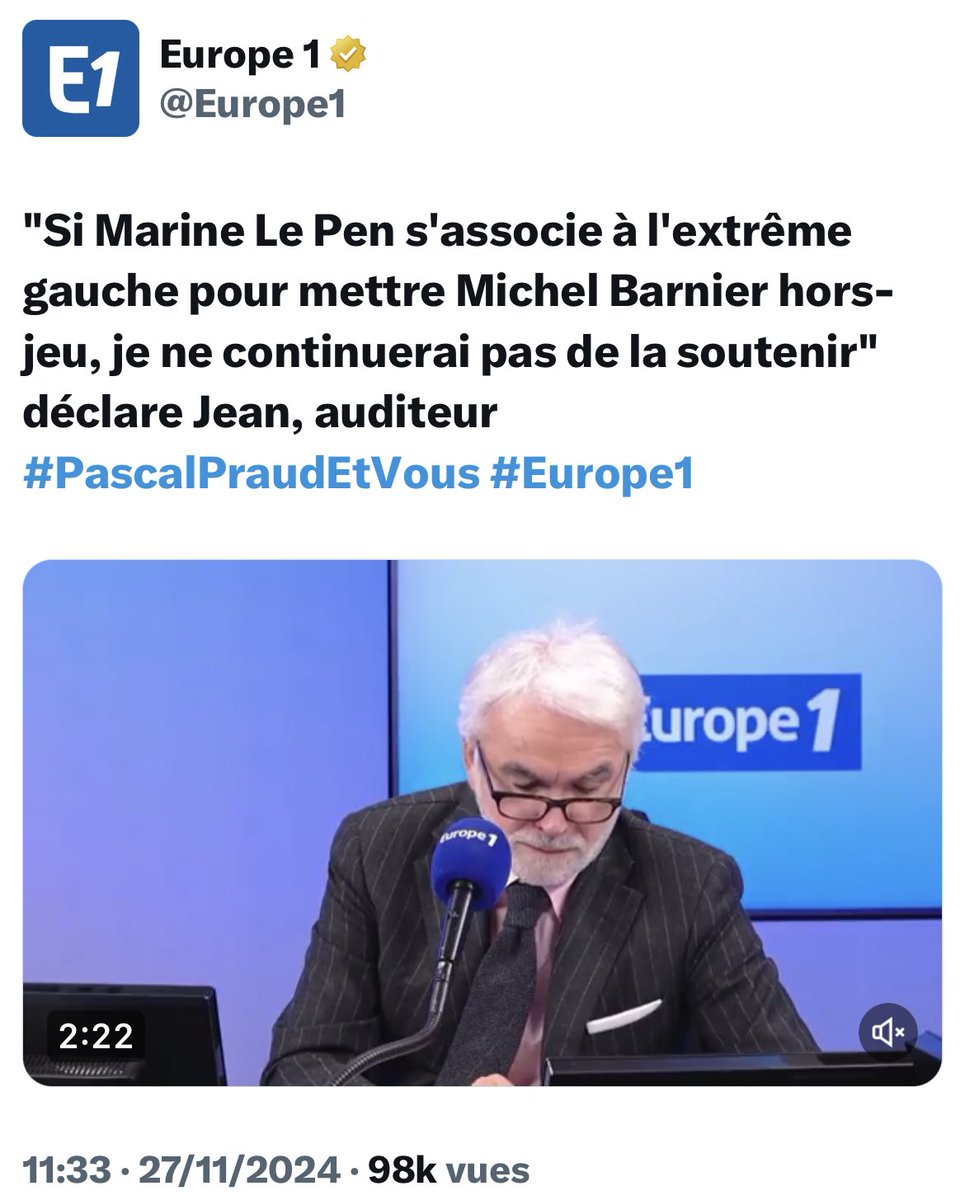Lycrem3's tweet image. ➡️Incroyable un auditeur de Europe 1 explique qu’il est un nouveau électeur du Front National et que si le groupe de Marine Le Pen vote la motion avec l’extrême gauche, il ne soutiendra plus le FN.😂😂

Erreur 404 de #Praud et du groupe Bolloré.😂