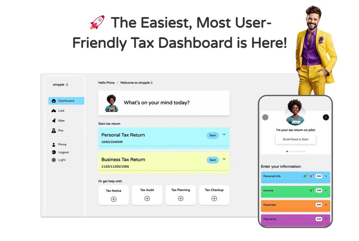 simppletax's tweet photo. 🚀 The Easiest, Most User-Friendly Tax Dashboard is Here! Filing taxes has never been simpler or smarter than with the https://t.co/y7utenDteZ https://t.co/F0H6e4bEjw