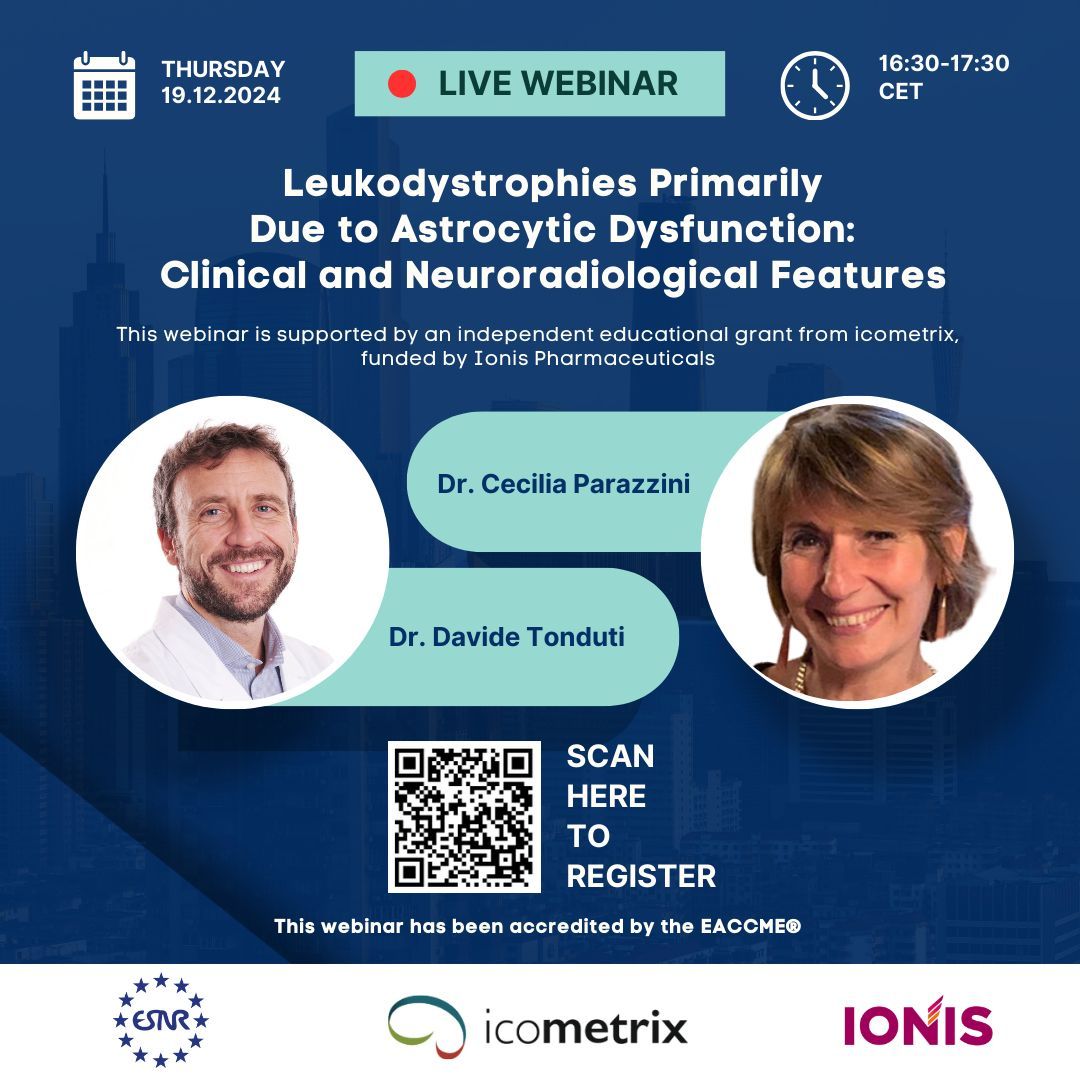 Register now for ESNR’S next free webinar on December 19th at 4:30 PM CET!
Join us for “ Leukodystrophies  primarily due to astrocytic dysfunction: Clinical and neuroradiological features “
Register here: buff.ly/3CIgqck 

#Neurorad #Pedineurorad #ThisIsESNR
