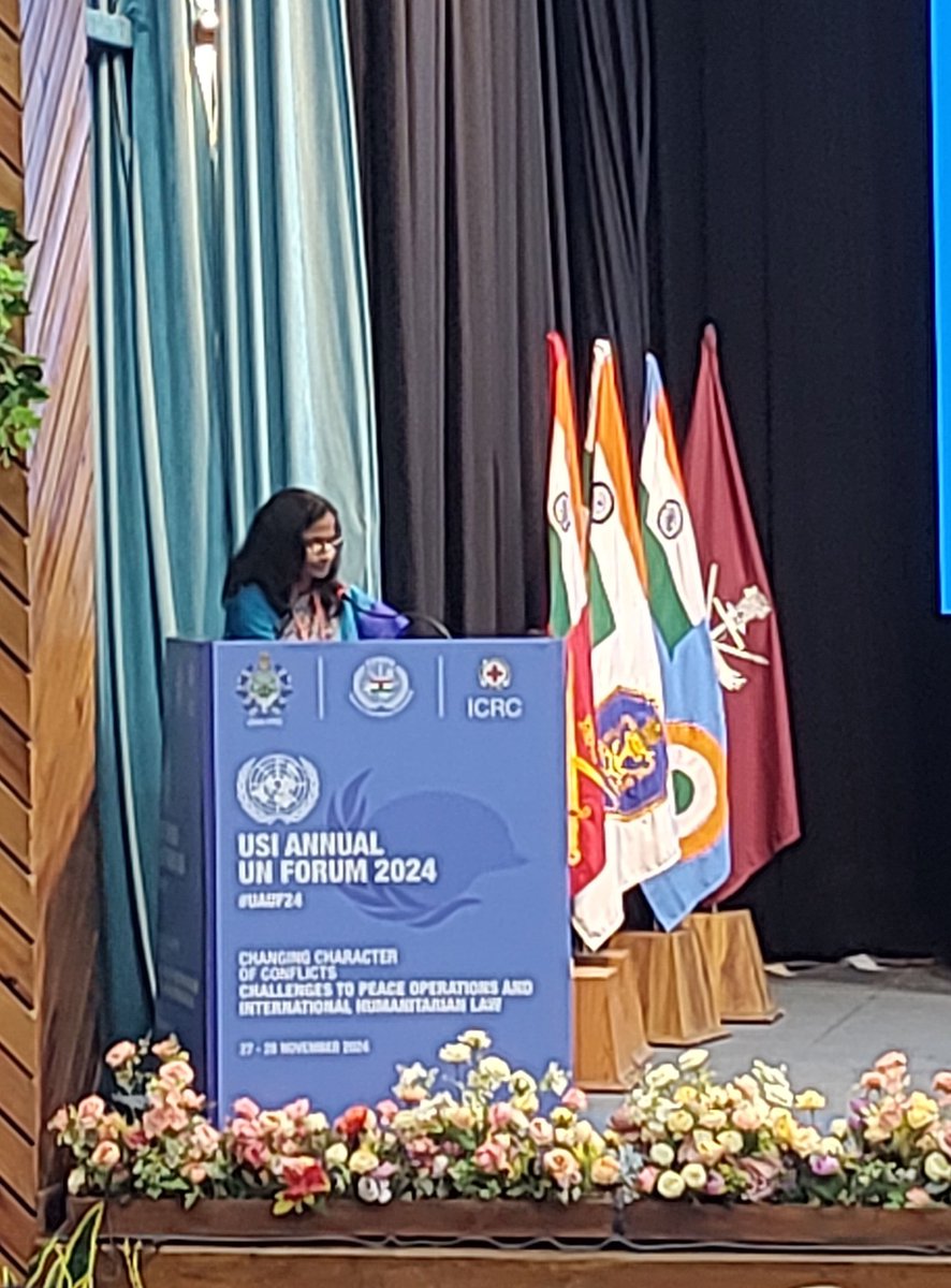 USIofIndia's tweet photo. "Three core principles—consent, impartiality, and non-use of force—are evolving in parallel dimensions, shaping the future of peace operations. 🌍⚖️ - Ms. Uma Sekhar, Additional Secretary, MEA, at #UAUF2024 #Peacekeeping #UN #GlobalSecurity #Consent #Impartiality #NonUseOfForce" https://t.co/4Ip9zulmaJ