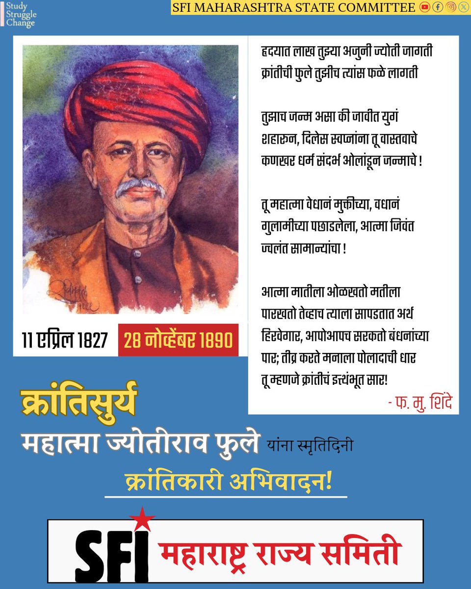 sficsnagar's tweet photo. भारतातील प्रस्थापित मनुवादी व्यवस्थेच्या विरोधात विद्रोह करणारे,स्त्री मुक्तीच्या लढ्यातील आद्य मुक्तीदाता,शिक्षणाला समाजाच्या शेवटच्या घटकापर्यंत पोहोचवणारे तसेच आधुनिक भारताचे शिल्पकार क्रांतीसुर्य महात्मा ज्योतिबा फुले यांना स्मृतिदिनी SFI च्या वतीने क्रांतिकारी अभिवादन! https://t.co/MZqq2GbtIV