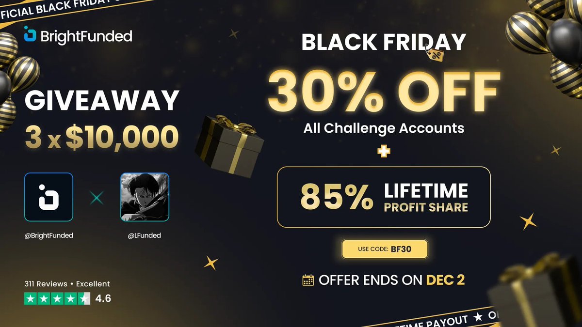LFunded's tweet photo. BLACK FRIDAY GIVEAWAY🎉

3 x $10,000 GIVEAWAY

1. Follow: @LFunded and @BrightFunded
2. Like & RT
3. Tag 2 friends