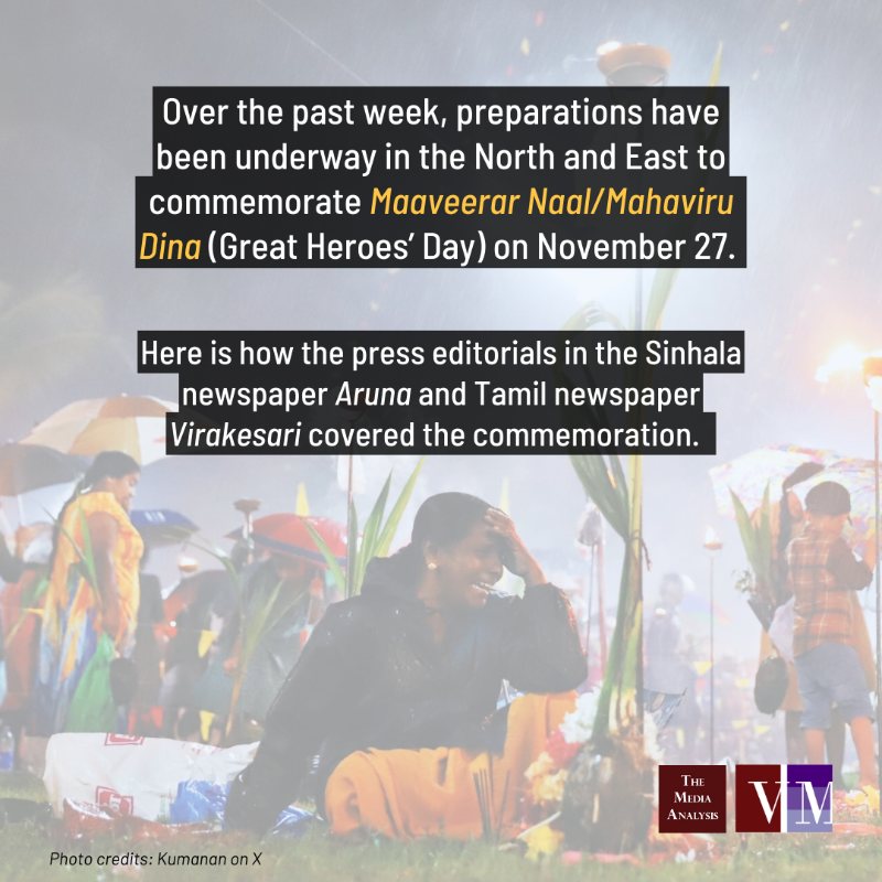 verite_tma's tweet photo. Commemorating #Maaveerar (Great Heroes)
 
Swipe 👉to see how editorials in the Sinhala newspaper Aruna &amp; Tamil newspaper Virakesari covered the commemoration
 
#TheDivideLK #Media #MaaveerarNaal