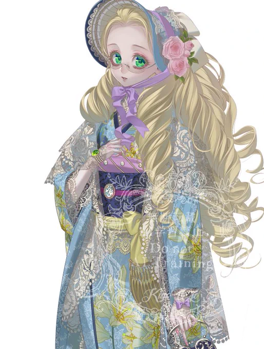 お嬢様のお出かけ着って感じの姫 薄紫とイエローの靴がクリィミーマミみたいでかわいいでしょ ボンネットのバラは白かピンクで迷ったけどピンク 百合柄の根元が毒色です 