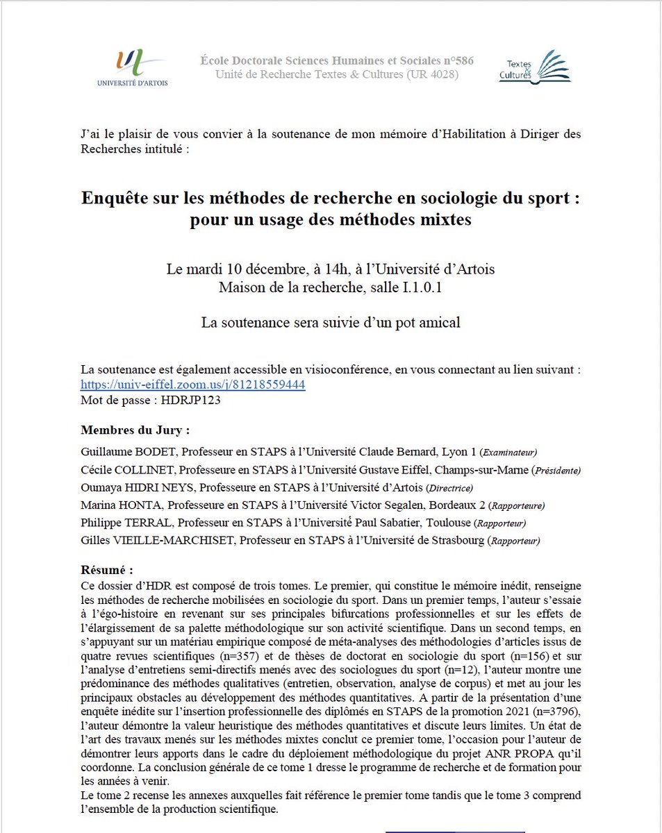 GREHSS UGustaveEiffel (@grehss_uge) on Twitter photo Le 10 décembre prochain, <a href="/Jeremypierre0/">Jérémy Pierre</a> soutiendra son HDR intitulée : Enquête sur les méthodes de recherche en sociologie du sport : pour un usage des méthodes mixtes à l'Université d'Artois
⬇️⬇️ Le 10 décembre prochain, <a href="/Jeremypierre0/">Jérémy Pierre</a> soutiendra son HDR intitulée : Enquête sur les méthodes de recherche en sociologie du sport : pour un usage des méthodes mixtes à l'Université d'Artois
⬇️⬇️