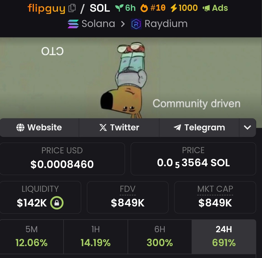 cryptoadar's tweet photo. Pump sol meme coin #flipguy Just secured an incredible 20X return with my TG group! 💥

Started at a $44k market cap, and  to $849k 👇

Come to my TG channel so you don't miss more opportunities. 💰 https://t.co/7NEUTIWuhn