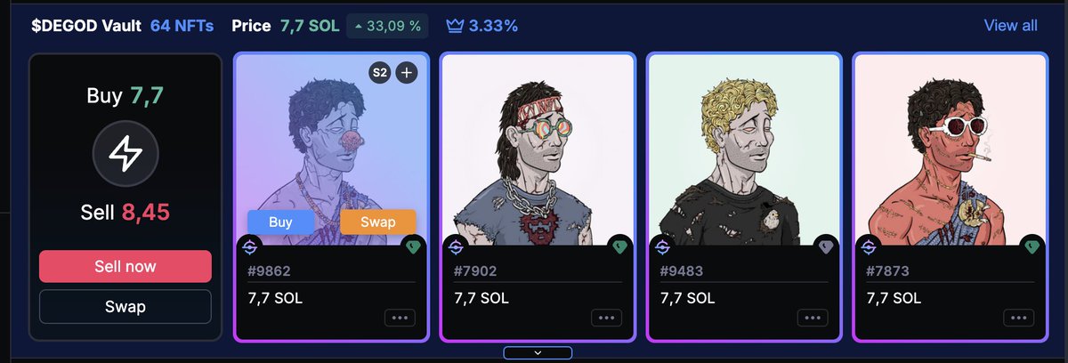 We're bringing back the $DEGOD -> DeGod swaps.

There are currently 62 DeGods available to buy with tokens.

The fee to buy pool DeGods has been reduced from 3.33% to 0.99%.