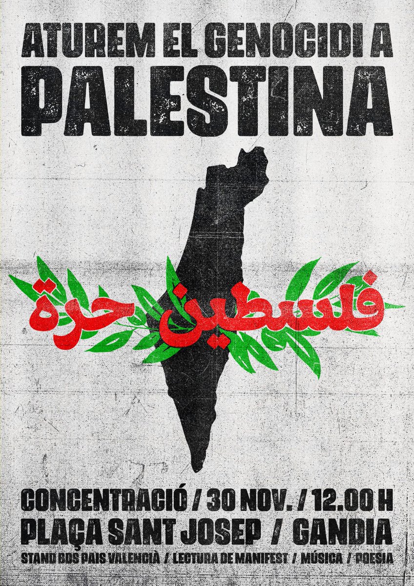 Aquest cap de setmana tenim dues convocatòries a La Safor. Endavant amb la lluita ✊🏻✊🏻✊🏻

Contra la gestió del govern valencià
29 de novembre, 19,30 h
Plaça Major de Gandia

Contra el genocidi contra Palestina 
30 de novembre, 12 h
Plaça de Sant Josep de Gandia
