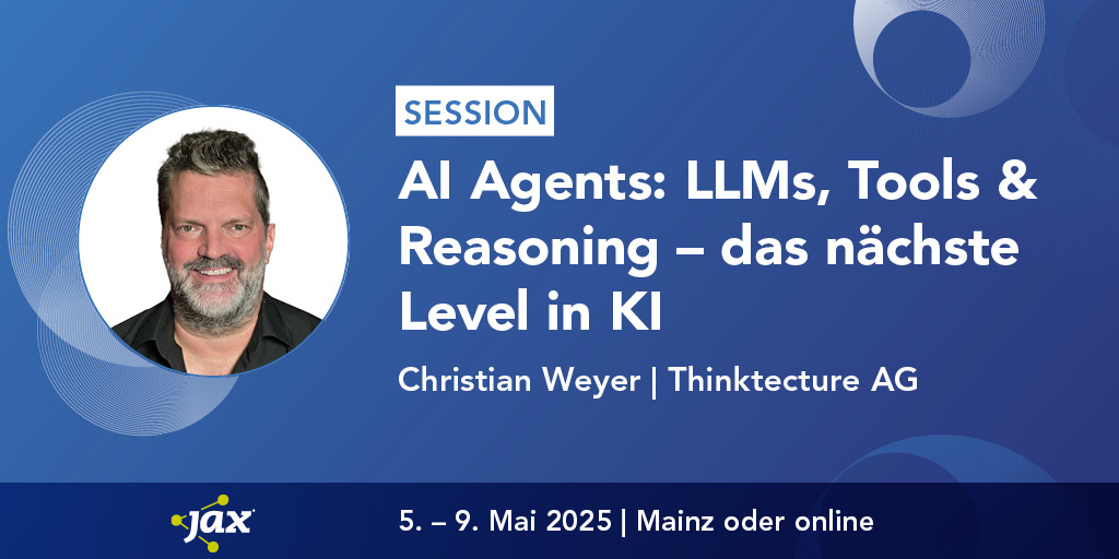 JAX (@jaxcon) on Twitter photo 🤖 Agents sind die nächste Evolutionsstufe der AI! <a href="/christianweyer/">Christian Weyer</a> zeigt, wie #LLMs mit Tools, Memory und APIs zu leistungsstarken Agenten kombiniert werden. Code, Praxis & Zukunft – sei dabei! 🚀 #AI #AIAgents #SoftwareDevelopment
▶️ ow.ly/9Iqy50Uhiwt ◀️ 🤖 Agents sind die nächste Evolutionsstufe der AI! <a href="/christianweyer/">Christian Weyer</a> zeigt, wie #LLMs mit Tools, Memory und APIs zu leistungsstarken Agenten kombiniert werden. Code, Praxis & Zukunft – sei dabei! 🚀 #AI #AIAgents #SoftwareDevelopment
▶️ ow.ly/9Iqy50Uhiwt ◀️
