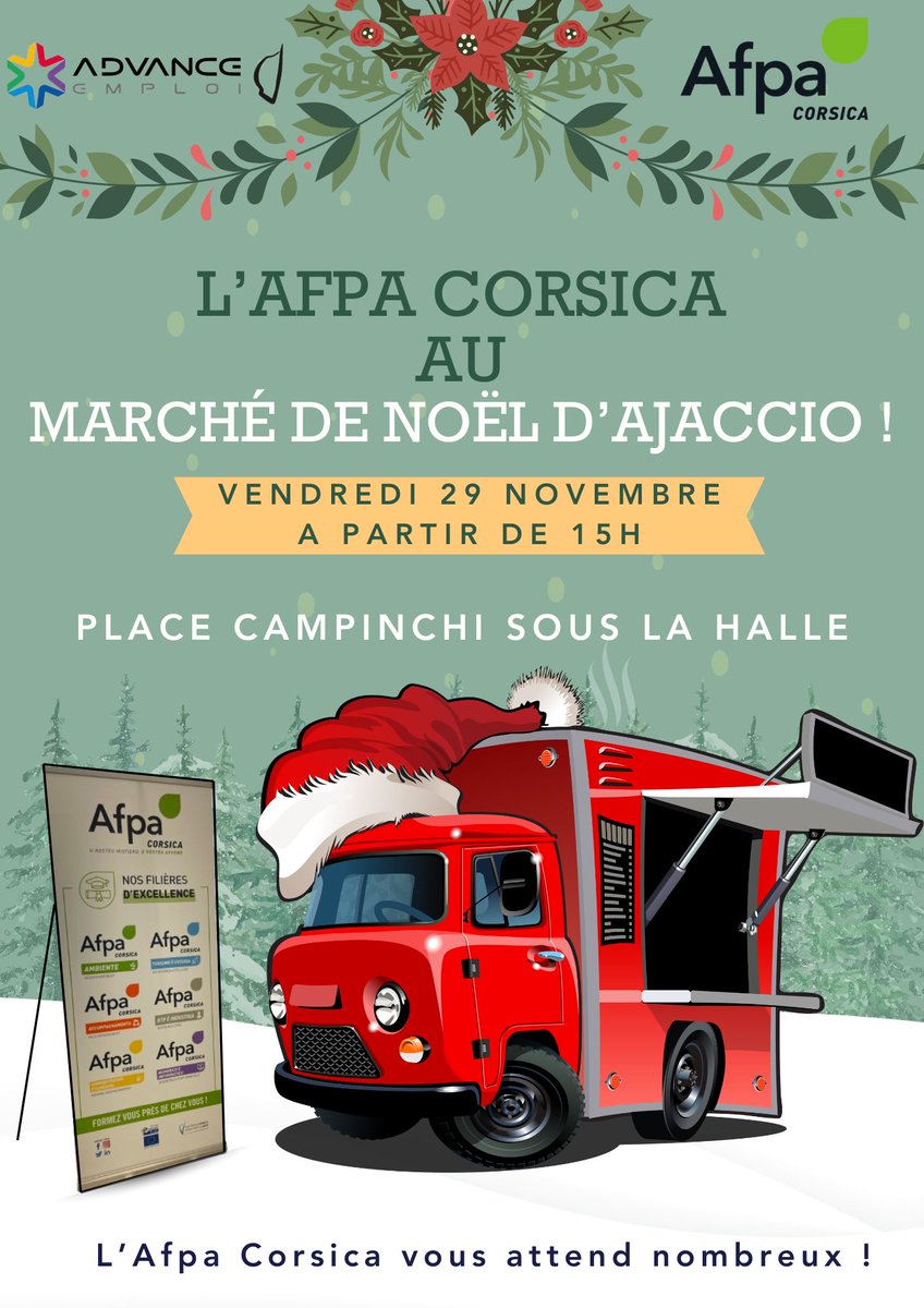 🎄L'AFPA Corse au marché de Noël d'Ajaccio ! ✨
📅RDV le 29/11 dès 15h, Place Campinchi ! 
💬 Venez découvrir nos formations &amp; le projet Hôtellerie-Restauration  
🍹 Atelier Barman Cocktail 18h-20h 
🎅 Un moment festif pour explorer votre avenir pro !
Merci @advanceemploicorse !