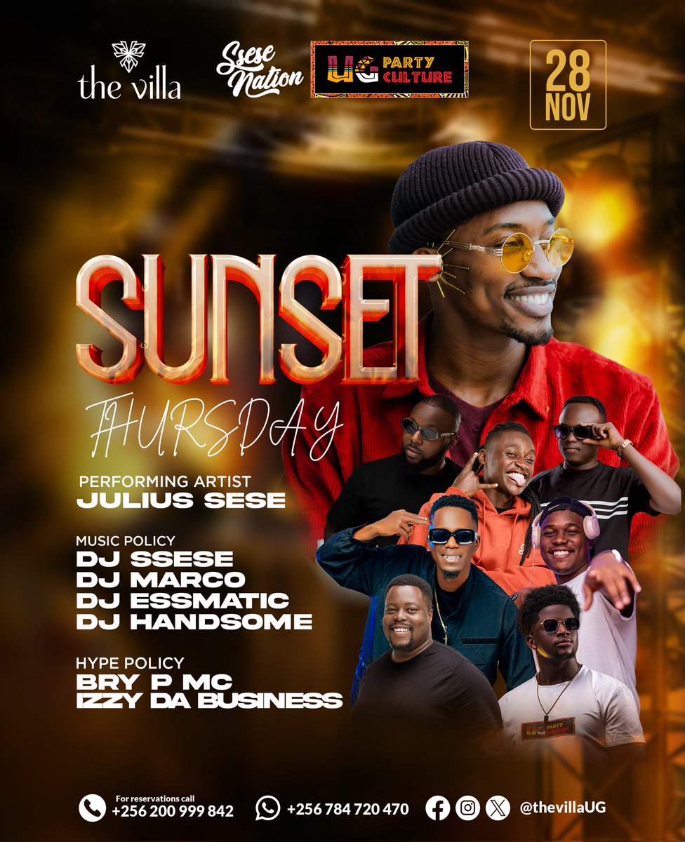 TheVillaKLA's tweet photo. Organised by @ugpartyculture & @SseseNation, we are assured of a party.
An acoustic performance by @JuliusSese.
🎧 Music policy: @DJ_Ssese | @deejayhandsome_ | @Dj_marco25
🎤 Hype policy: @mcbryp
The party never stops at the Villa.
#SunsetThursday
#TheVillaExperience https://t.co/ehuhewHDaM