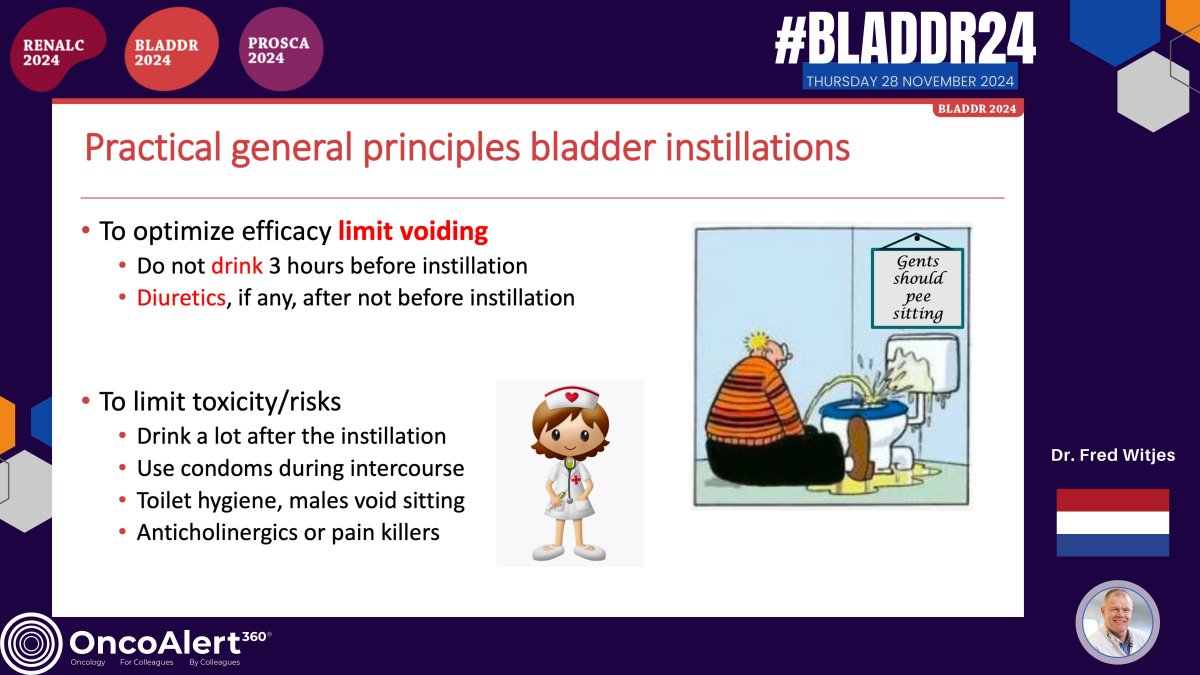 OncoAlert's tweet photo. Day Two of #BLADDR24
Presenter: Dr Fred Witjes 
Practical surgical questions
Topic: Practical aspects of intravesical instillation 

The presentation on "Practical Aspects of Intravesical Instillation" concludes with several key points. It emphasizes the importance of following general instillation principles, including adequate hydration. Quinolones are highlighted as a sensible option for managing BCG therapy side effects. Submucosal perfusion instillation (SPI) is considered effective and safe but requires caution due to the risk of bladder perforation. Common issues related to MMC and BCG therapies should be well-known to healthcare professionals. Lastly, the concept of "device-assisted" instillations is discussed as a potential future advancement in treatment delivery. 

@UrsulaVogl
@PGrivasMDPhD
@achoud72
@ZilliThomas
@fabioturco92
@nataliagandur
@yekeduz_emre
@bavilima
@niklas_kluemper
@DrYukselUrun
@mirrorsmed
@bkonety
@evacomperat
@Achard_Verane
@daandm
@mdesantis234
@KilianGust
@bkonety
@CLebacle
@LAUrology_NL
@Renate_Pichler
@DanieleRaggi83
@CelenaBergdahl
@bm_deruiter