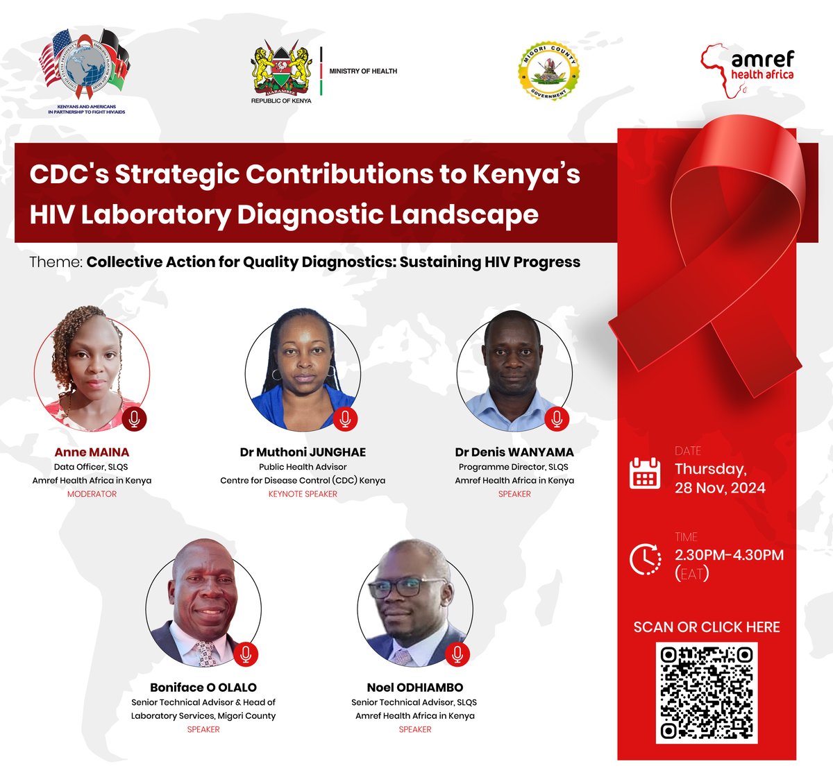 Amref_Kenya's tweet photo. Join us today from 1430hrs EAT for a compelling webinar discussion to explores the impact of #SLQS on HIV diagnostics. We’ll discuss why quality testing is essential for human rights and pivotal in reaching @UNAIDS_Kenya targets. Discover how robust laboratory systems and community-driven initiatives are key to ensuring equitable access to HIV care.
Don’t miss this opportunity to learn and engage!
Register to attend via https://t.co/CBmY2Js2ff
#AmrefWebinarSeries #WorldAIDSDay2024 @MOH_Kenya @UNAIDS