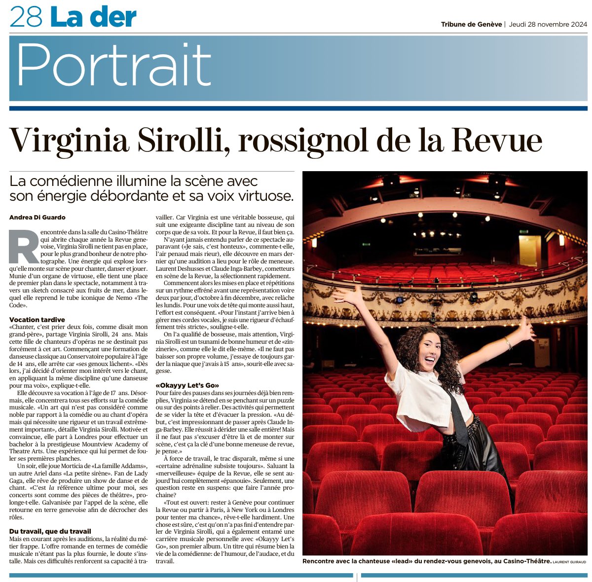 La Revue - Portrait de Virginia Sirolli 
Tribune de Genève novembre 24