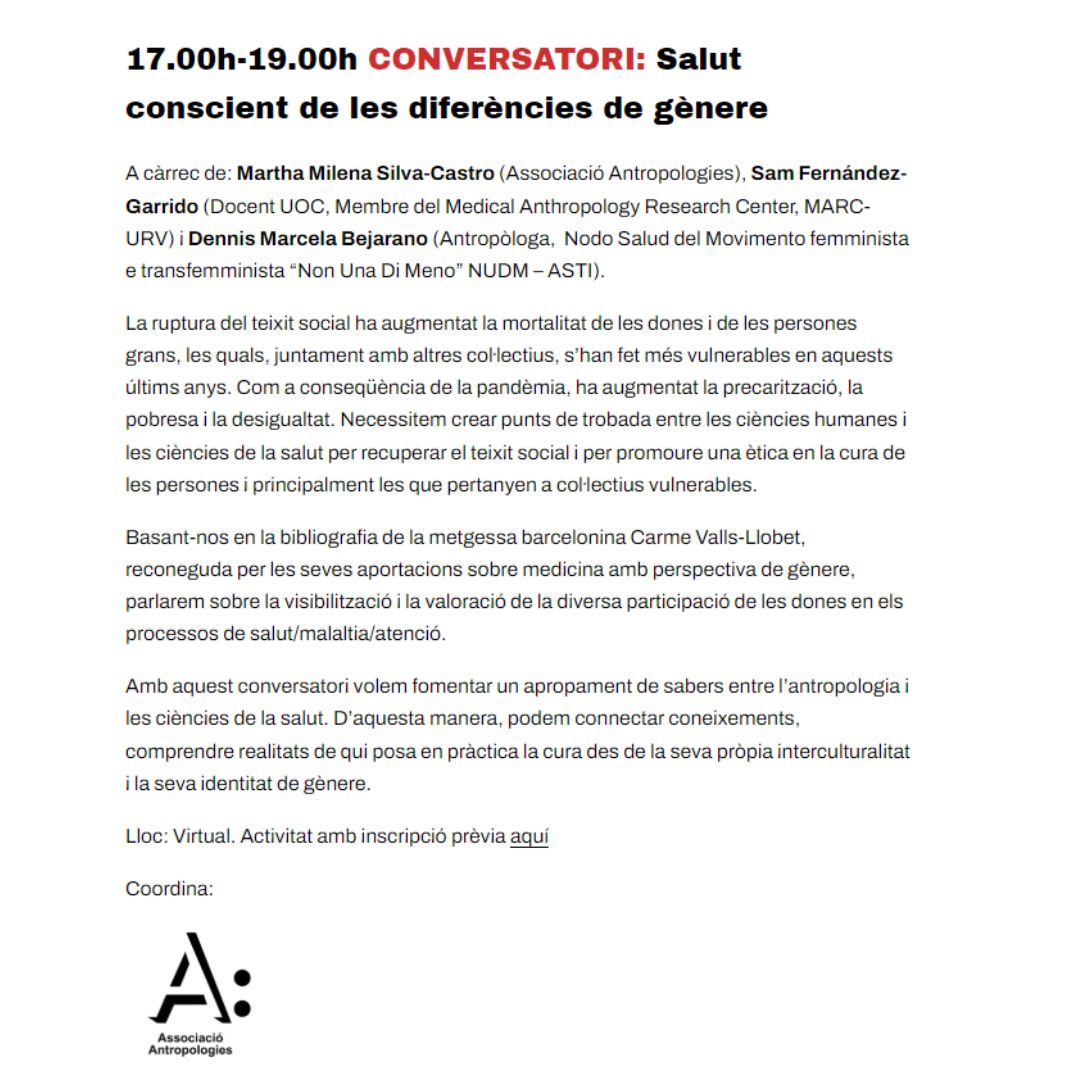 I seguint amb el programa de l'#AntropologiaSetmana,
a les 17.00h <a href="/antropologies/">Antropologies</a> organitza el Conversatori: Salut conscient de les diferències de gènere amb <a href="/MarthaMilenaSi2/">Martha Milena Silva Castro</a> #SamFernándezGarrido #DennisBejarano
En format virtual, inscripcions a: usem.liberaforms.org/conversatorian…