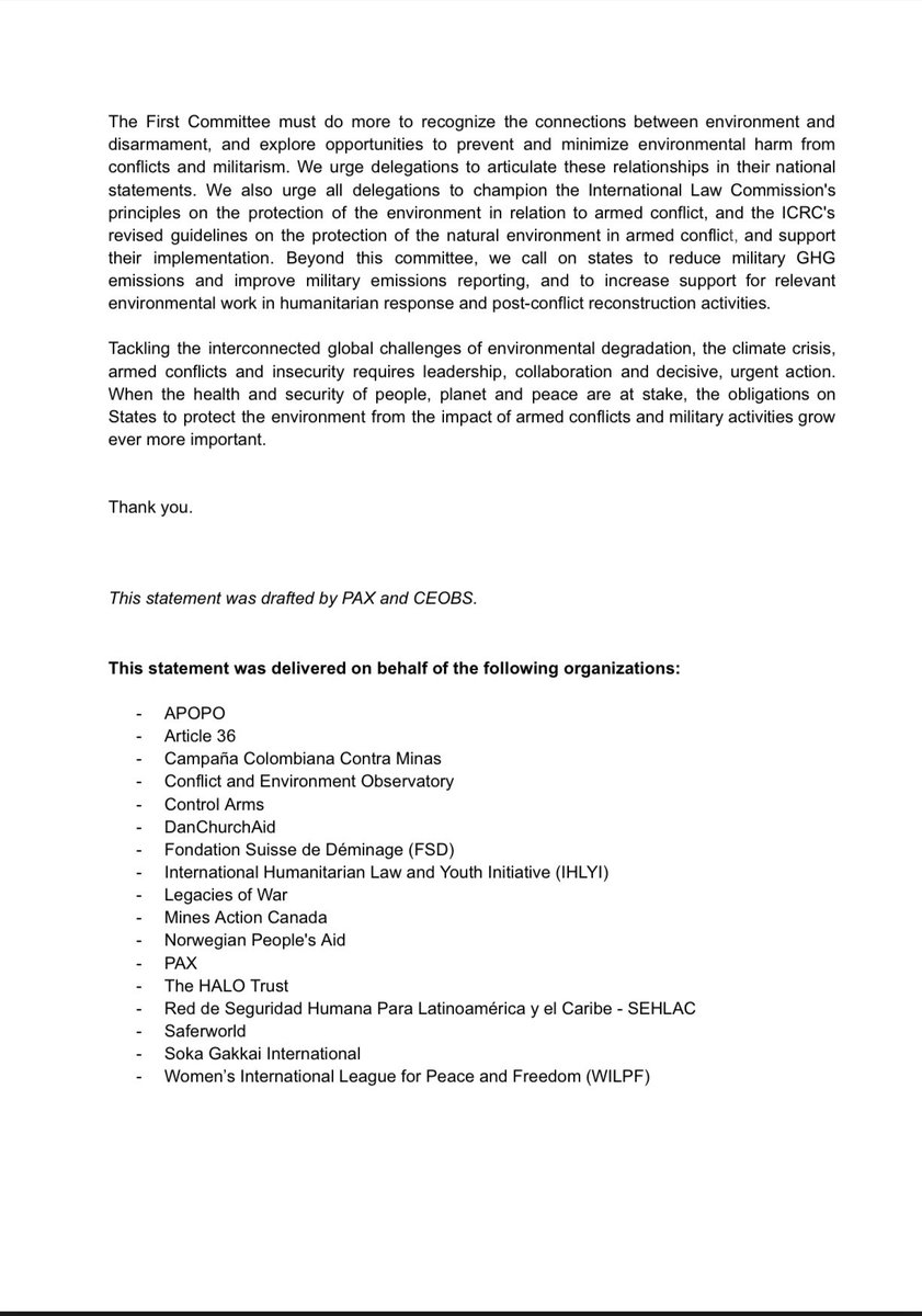 We along with 18 international organizations and NGO , participated in a joint statement regarding environmental protection in the context of armed conflicts, within the framework of the #UNGA79 session of  the #FirstCommittee  Delivered by <a href="/broserrr/">Brittany Roser (she/her)</a> <a href="/PAXforpeace/">PAX for peace</a> 1/4