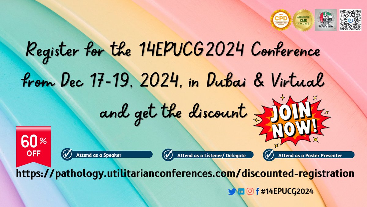 Pathology Experts (@pathologyexper1) on Twitter photo Call for Speakers/Poster/Listeners!!
Join for the 14th Emirates Pathology, Digital Pathology & Cancer Conference!!
Conference Dates: December 17-19, 2024, in Dubai, UAE & Virtual and save big!!
🔗 Register here: pathology.utilitarianconferences.com/discounted-reg…
#Pathology #Digitalpathology #Cancer Call for Speakers/Poster/Listeners!!
Join for the 14th Emirates Pathology, Digital Pathology & Cancer Conference!!
Conference Dates: December 17-19, 2024, in Dubai, UAE & Virtual and save big!!
🔗 Register here: pathology.utilitarianconferences.com/discounted-reg…
#Pathology #Digitalpathology #Cancer
