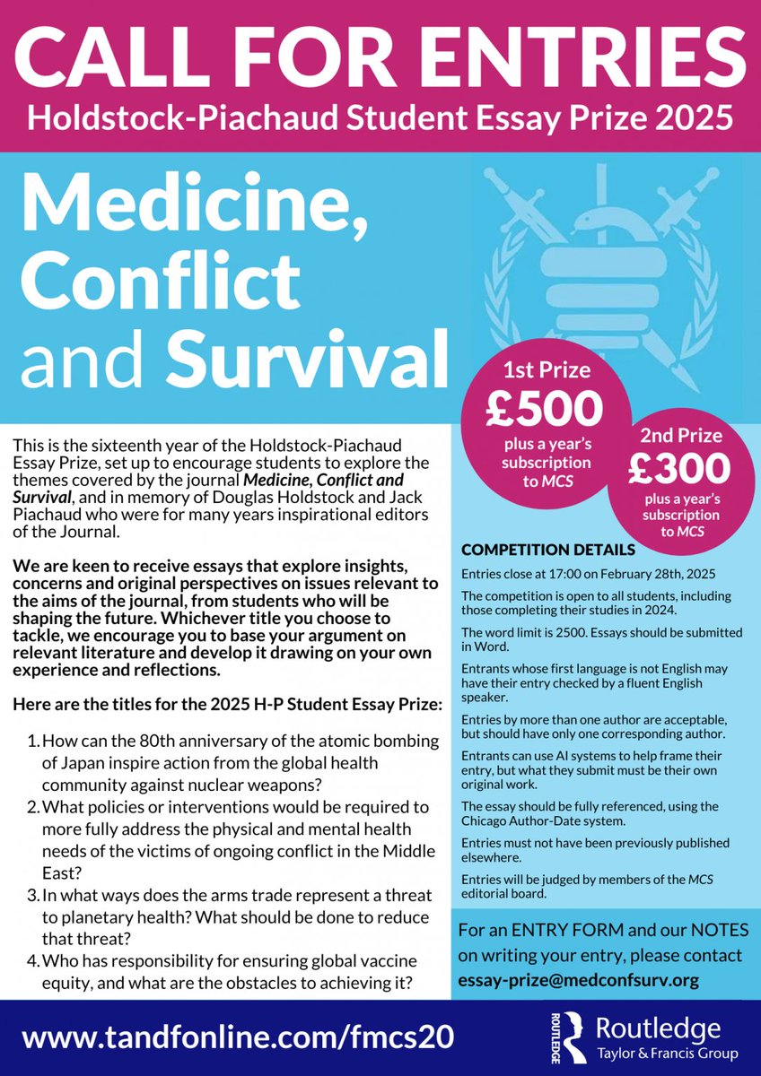 Bimal Khadka (@drbimalkhadka) on Twitter photo Call for entries- Holdstock-Piachaud Student Essay Prize 2025
Winners receive a cash prize, membership to editorial committee, subscription & publication <a href="/MCS_MedactIPPNW/">Medicine Conflict and Survival</a>
medact.org/2024/blogs/202…
#research #publicheath #planetaryhealth #tpnw #ippnw #mcs #student #prize #nowar Call for entries- Holdstock-Piachaud Student Essay Prize 2025
Winners receive a cash prize, membership to editorial committee, subscription & publication <a href="/MCS_MedactIPPNW/">Medicine Conflict and Survival</a>
medact.org/2024/blogs/202…
#research #publicheath #planetaryhealth #tpnw #ippnw #mcs #student #prize #nowar