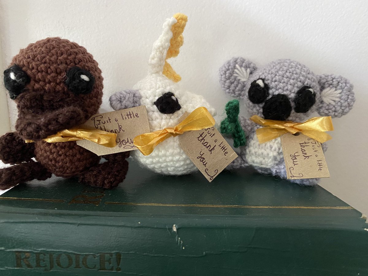 ReformedMaiden's tweet image. I made these cute little Aussie animals as thank you gifts for people when I go to America (they are a platypus, a sulphur-crested cockatoo, and a koala). 😊