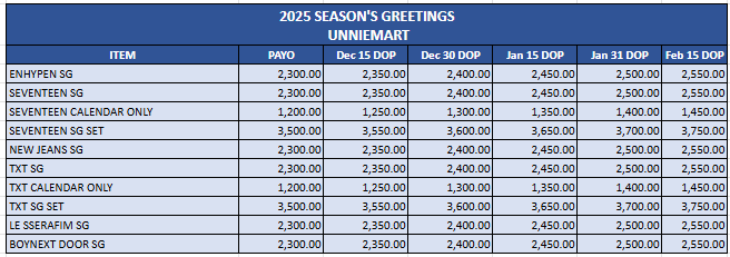 unniemart_'s tweet photo. WTS LFB SEASON'S GREETINGS 2025 

With Weverse POB

Open for PAYO and installment until Feb 15,2025. 

❤️ENHYPEN 
❤️SEVENTEEN 
❤️LE SSERAFIM 
❤️BOY NEXT DOOR  

ORDER FORM: https://t.co/qIG7YRy3Uj

💸DP = 200/SG or calendar
              =300/set

Also Open for Box Share (PAYO ONLY) 
SG = 300 
Calendar only = 200 
Set= 450  

🚢NETA 
🗓️ETA - 4th week of January 2025  

Please help RT 🙏